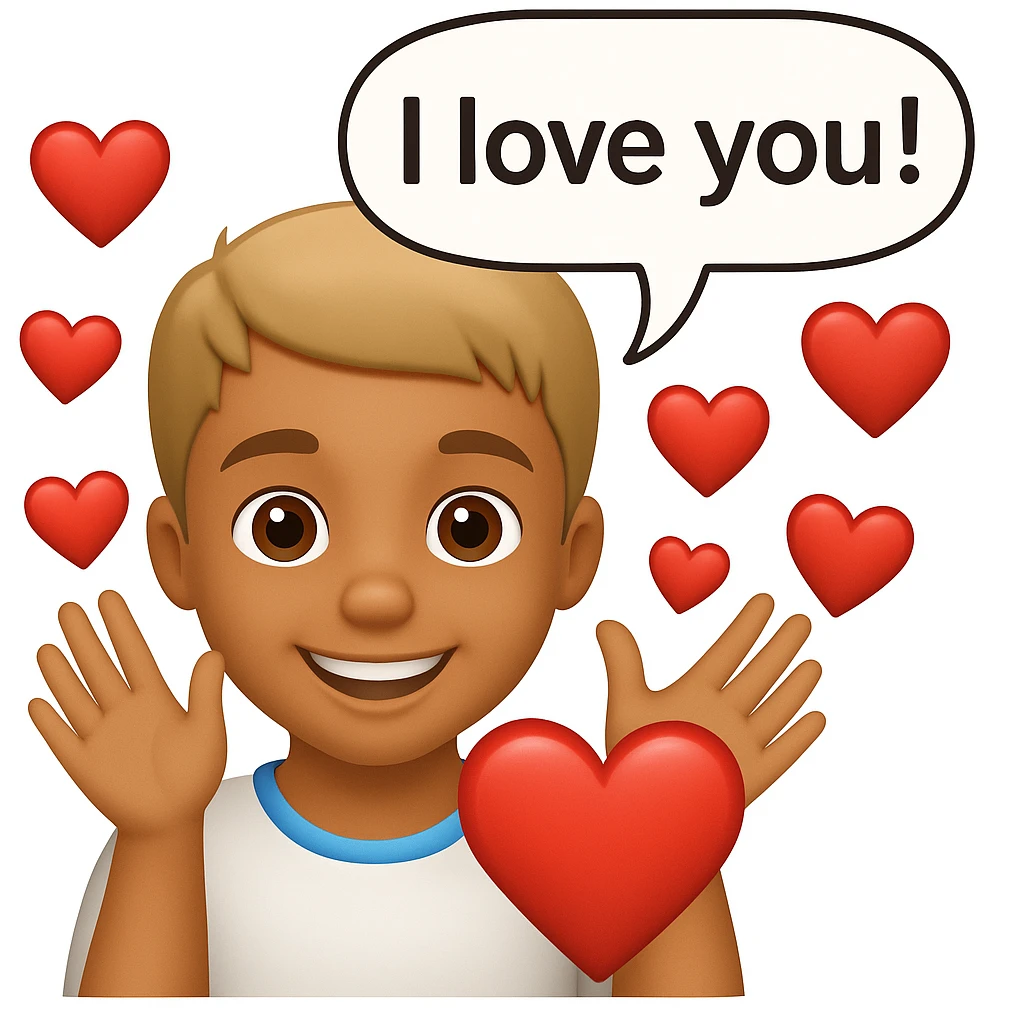 Add a speech bubble with the greeting 'I love you!' to the image, keeping the emoji style warm and loving emoji