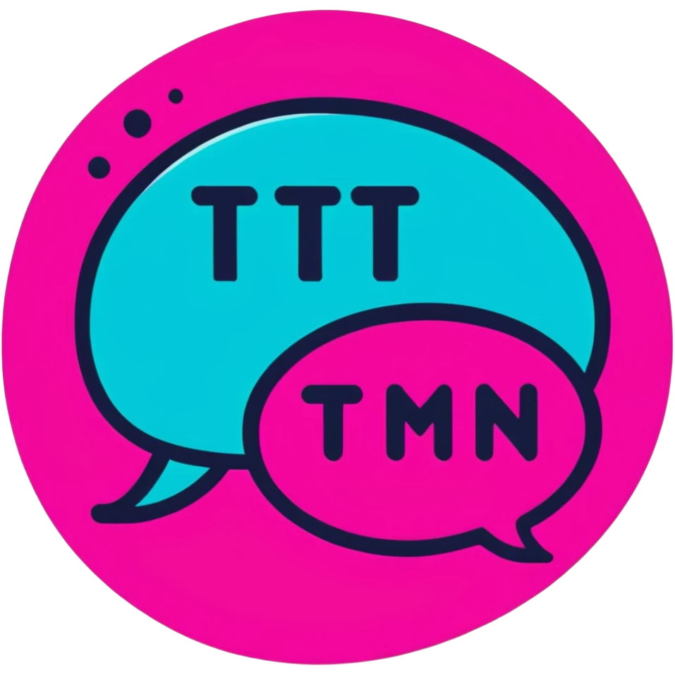 Minimalist sticker with white 'tt' letters on a black circle with cyan, magenta, and yellow dots below, speech bubble with street style influence emoji