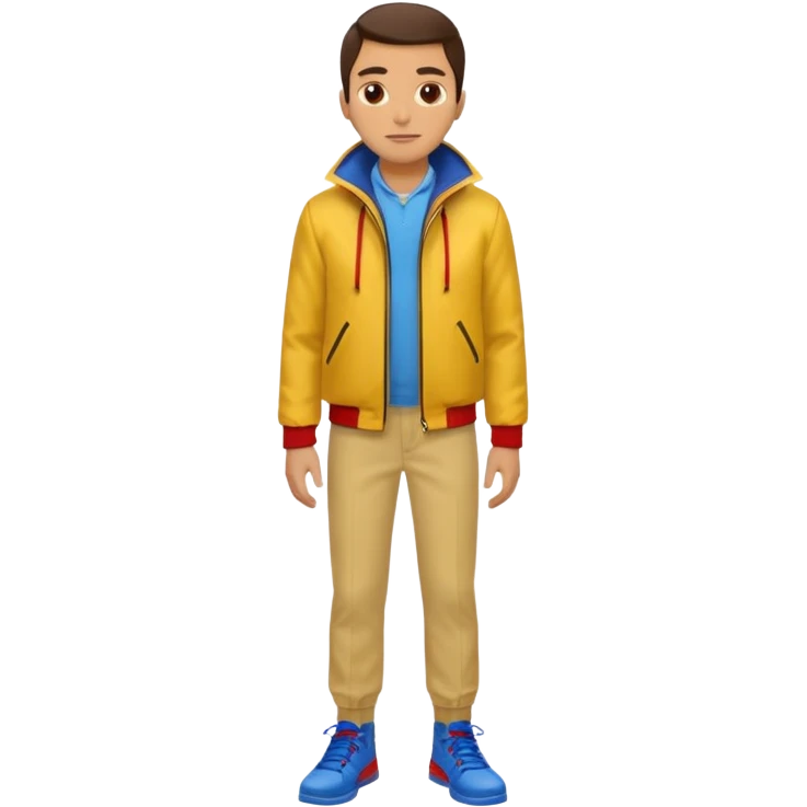 un hombre con: una chaqueta amarilla, pantalones rojos y zapatos azules. emoji