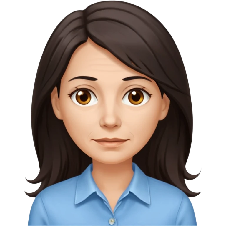 vit 50-årig kvinna med jättelångt mörkbrunt hår med vita slingor bruna ögon ljusblå skjorta med översta knappen uppknäppt emoji
