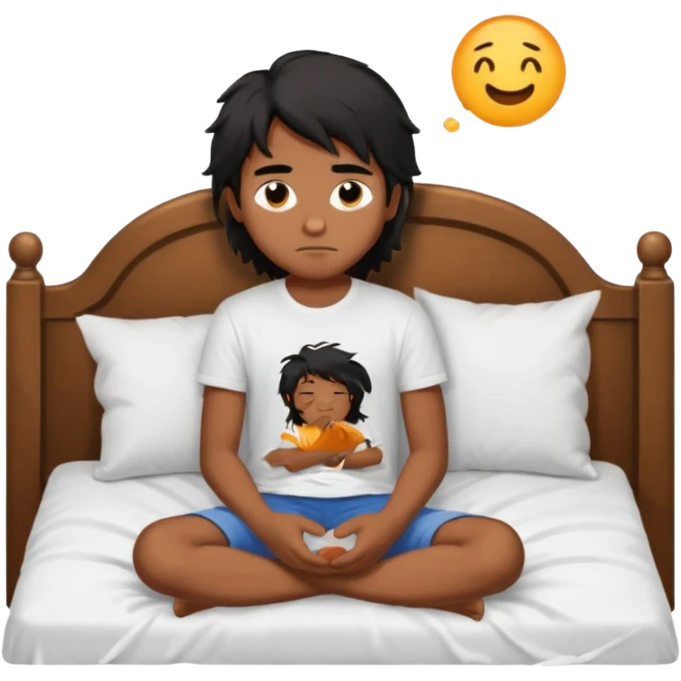 generate a pretty bratz brown skinned boy with black messy long hair wearing a white tshirt sitting in his in bed. Looking sleepy emoji