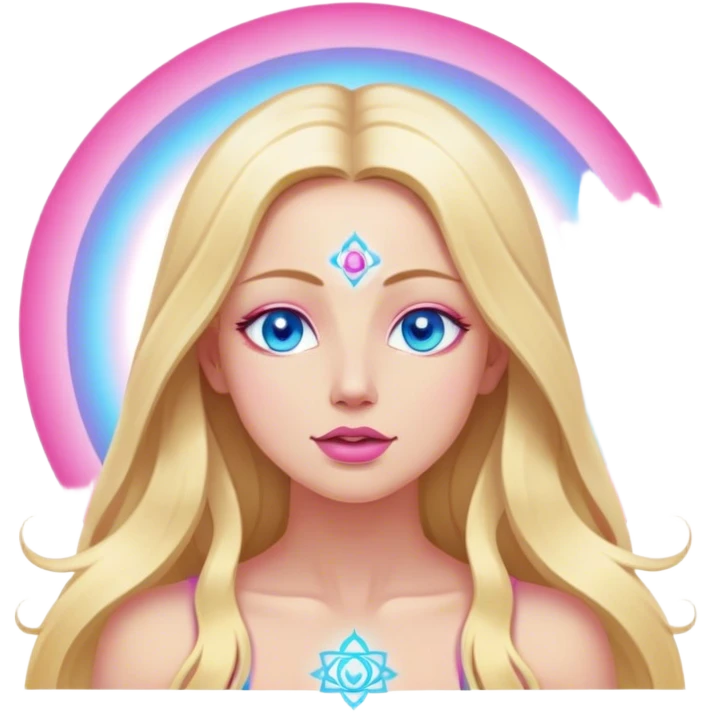 Cinematic realistic blonde with long hair, blue eyes, pink lips meditates, her chakras glow emoji