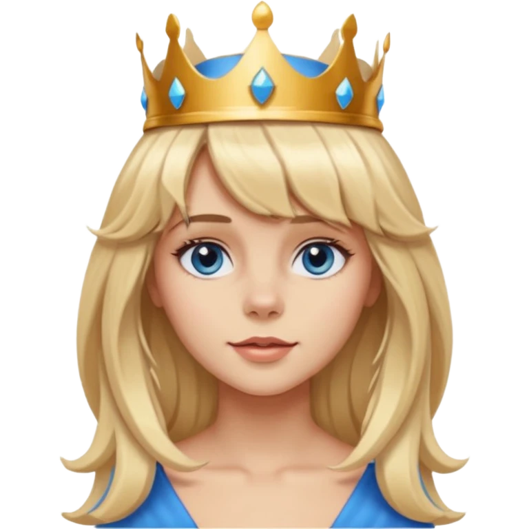 simple Blonde girl with bangs, long seductive hair and blue eyes, and a simple crown. giving cockerspaniel energy head only emoji