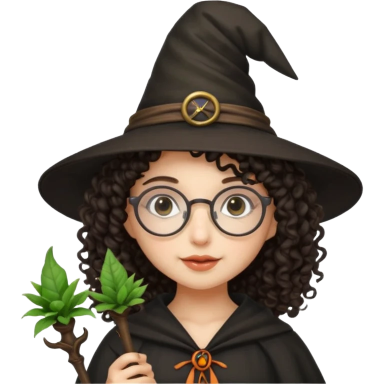 A dark curly haired girl with a witch hat, round glasses, and a plant wand emoji