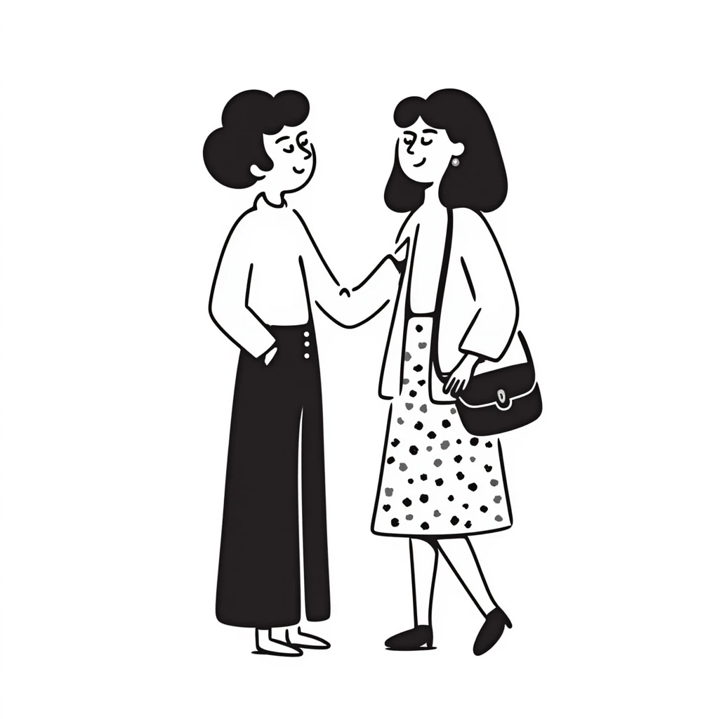 two women standing together, hand drawn illustration, simple emoji
