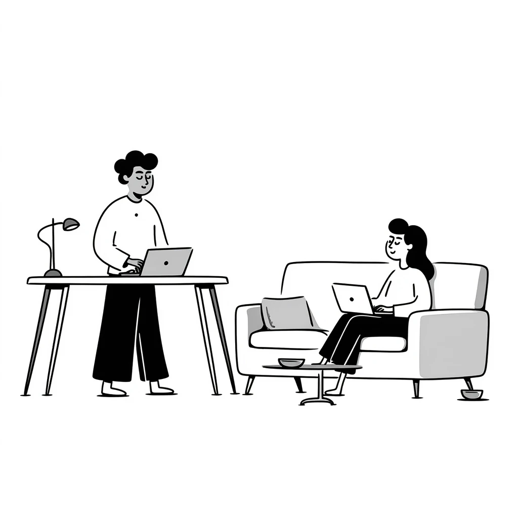escenary 3d of a cozy mid-century living room with two people working on laptops, one man standing at a desk and one woman sitting on a couch, two walls and floor visible emoji