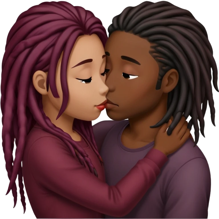 Dark Wine colored hair asian long hair, kissing young black guy with dreads emoji