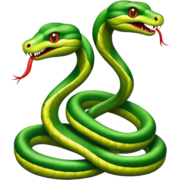 Two green snakes tangled at their tails, facing each other and hissing at each other emoji