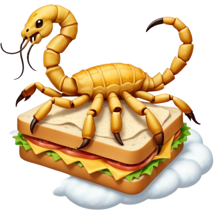 MAKE A SCORPION ON TOP OF A EHITE FLUFFY CLOUD THAT IS HOLDING A SANDWICH IN ITS CLAW AND LOOKING LIKE ITS EATING IT AND NOT ON TOP OF THE SANDWICH emoji