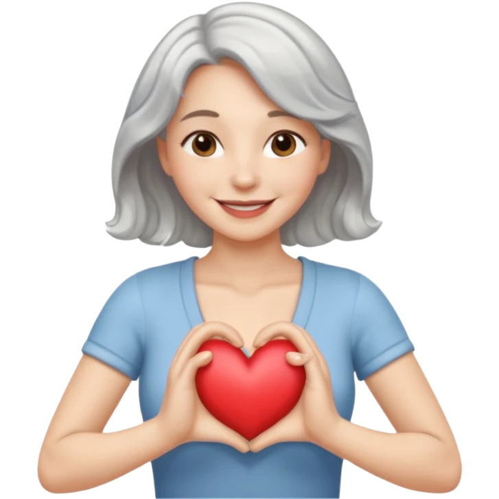 Silver hair, wavy/curly hair chin-length lady giving hug with 2 arms,  v-neck and smiling, add a heart emoji