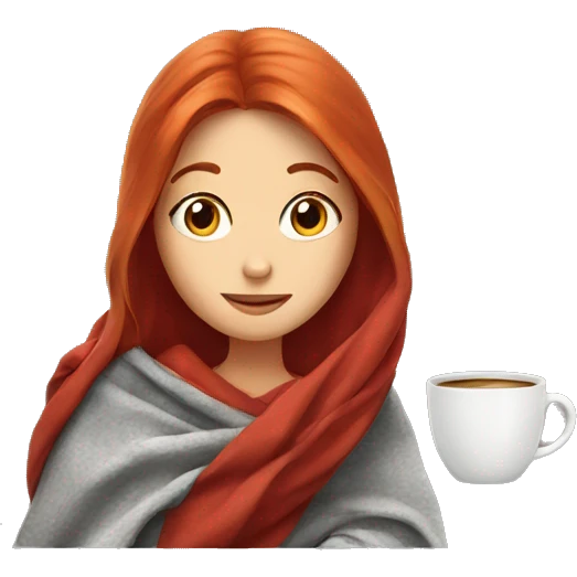 girl with red hair with blanket on her with cup of coffee  emoji