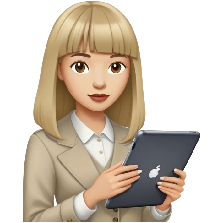 A woman in her late 20s and early 30s. She is an office worker as a content curator, but she looks smart about content. She likes to dress up, so she wears a neat but hip work look and has a good sense of fashion. A woman with long hair with bangs. She is holding an iPad or a MacBook. emoji
