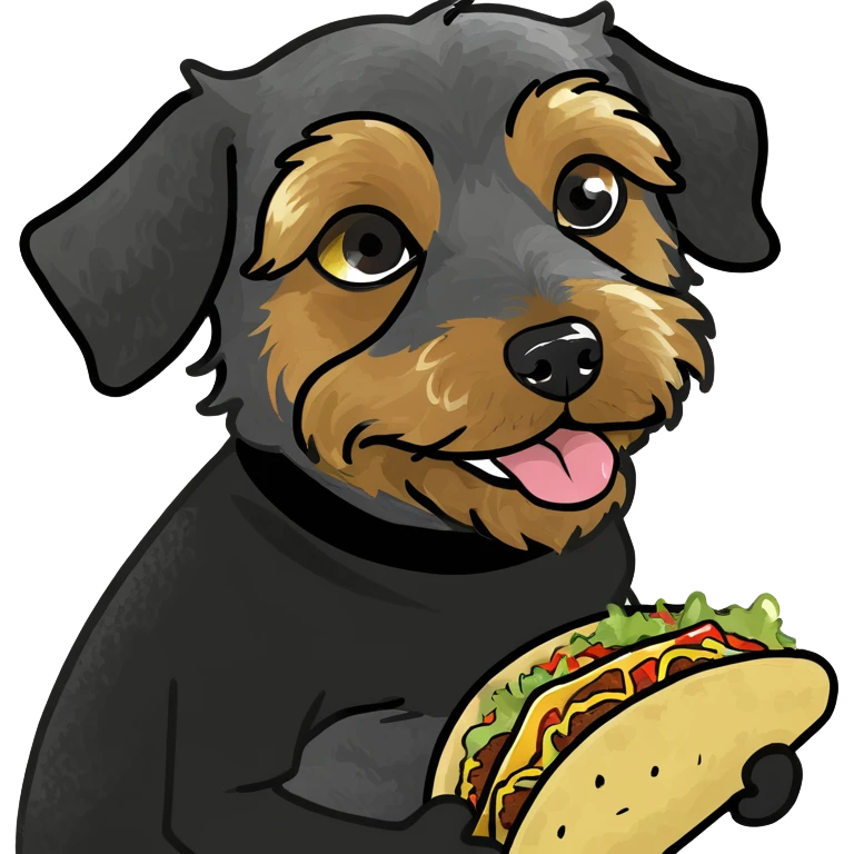 With the colors black, brown, and tan for the fur Create a yorkiepoo doodle dog with a black shirt on eating a taco emoji