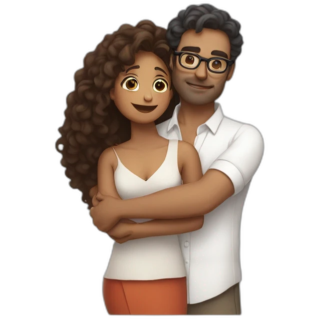 Indian woman with medium curly hair hugging a tall french man wearing glasses and a white shirt emoji