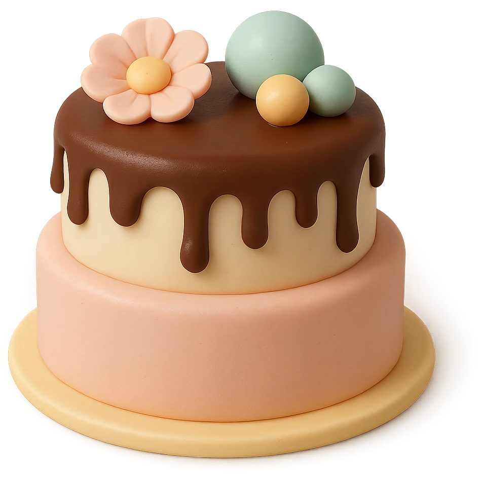 tiered fondant cake with chocolate drizzle emoji