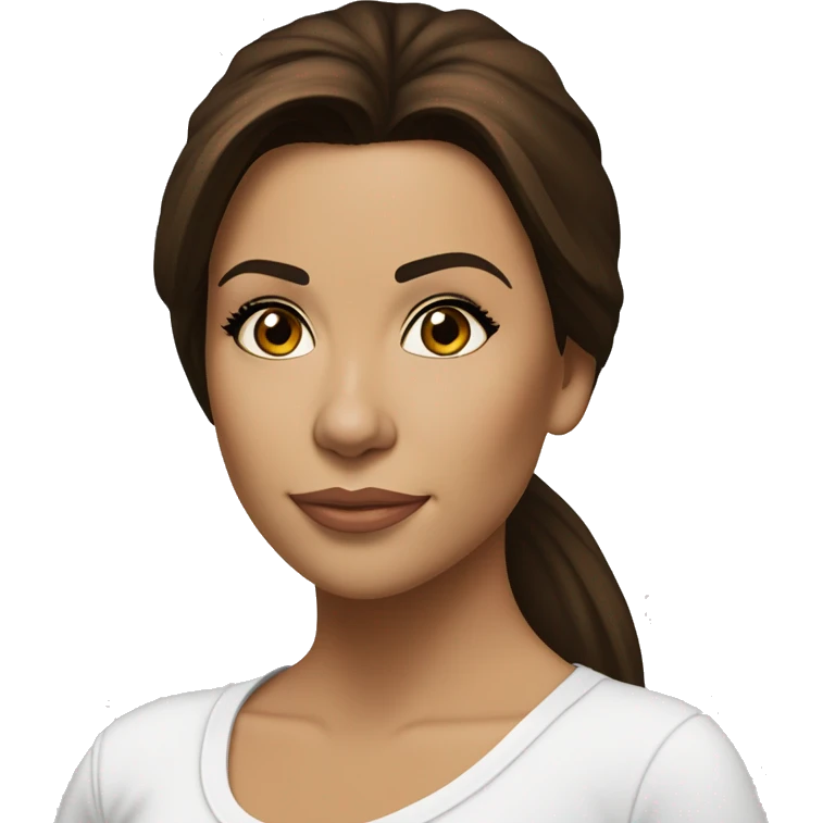 3/4 face, contrasted, shadow, light, Eva Longoria expression, standing from a distance, thin nose, brunette woman, hazel eyes, long eyelashes, dark shoulder shaded hair, white t-shirt, jeans, white sneakers emoji