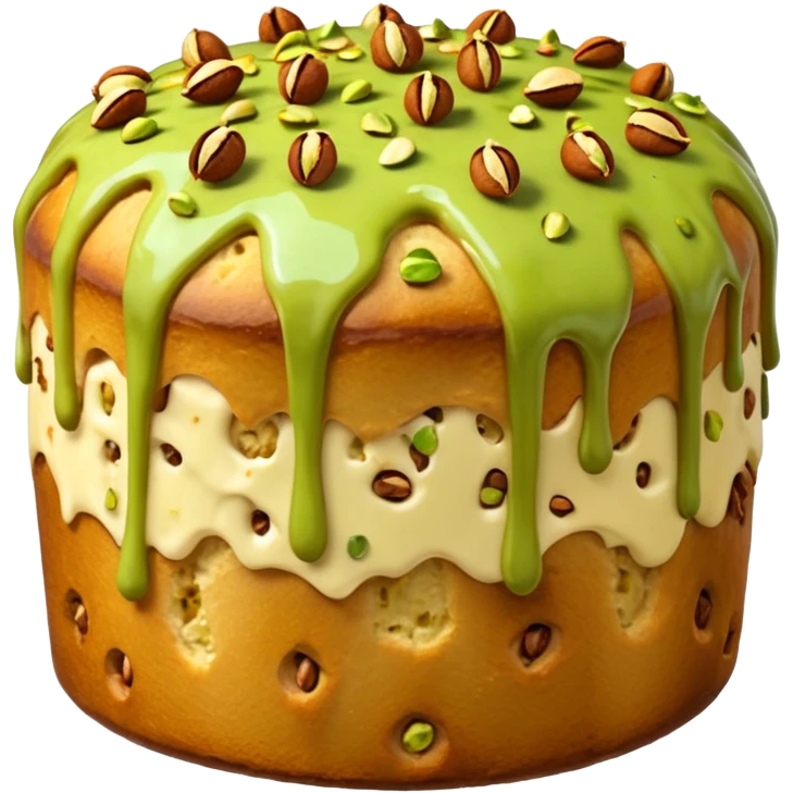 panettone con glassa al pistacchio che scende lungo i bordi e pistacchi come decorazione emoji