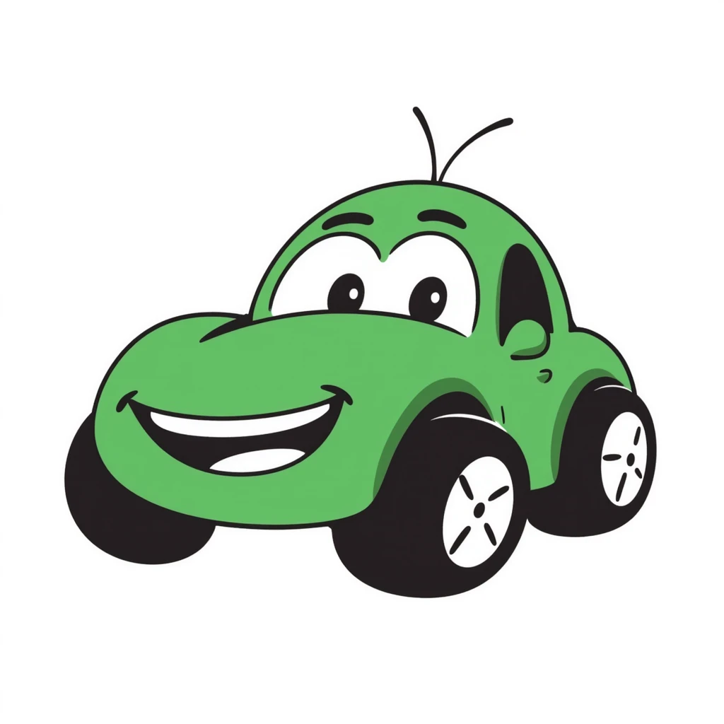 A hand-drawn green toy car with a silly grinning face and googly eyes emoji