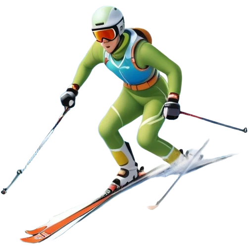 An icon featuring snowy peaks, pine trees, and a picturesque mountain landscape with a skier racing down a snow-covered slope, The sky is blue with soft clouds, capturing the thrill and beauty of alpine skiing. Transparent background highlights the excitement and serenity of winter sports. emoji