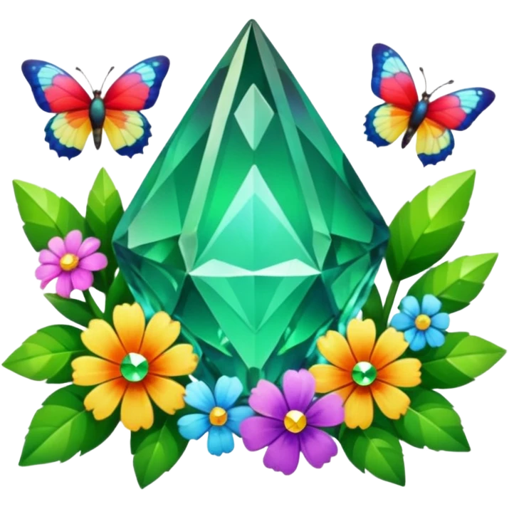 Green Crystal with rune among flowers and butterflies and magic and colourful Crystals emoji
