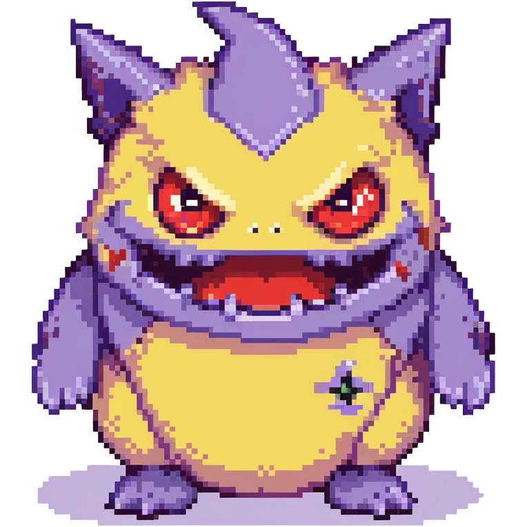 Gengar, the purple ghost Pokemon with red eyes and a mischievous grin emoji