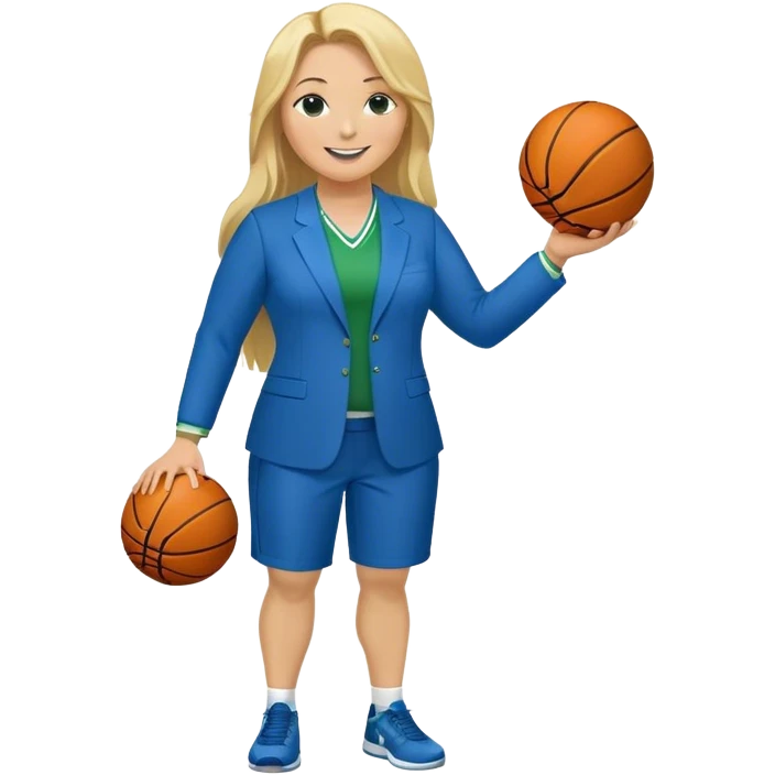 Full Body white plus size female basketball head coach using a clipboard with long blonde hair in a blue and green suit smiling with basketball and clipboard emoji