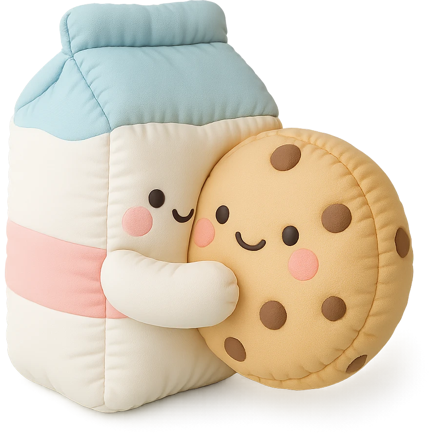 a cushion style milk carton hugging a cookie, both with cute faces, soft and puffy look, pastel palette emoji