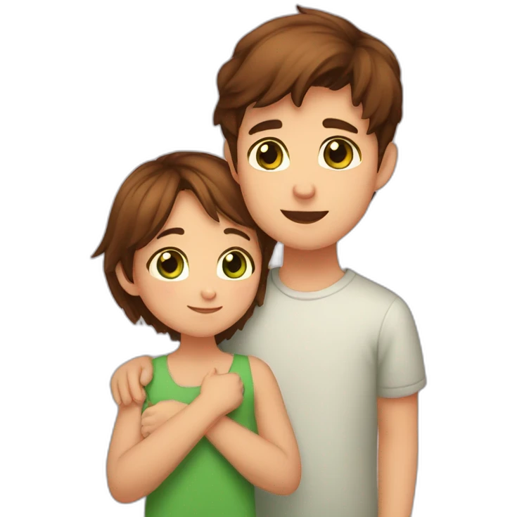 Girl with brown eyes and brown hair kisses boy with brown hair and green eyes and hugs brown fat cats emoji