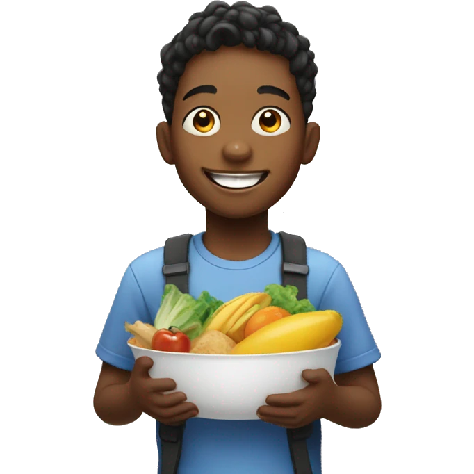 smiling boy with food indoors emoji
