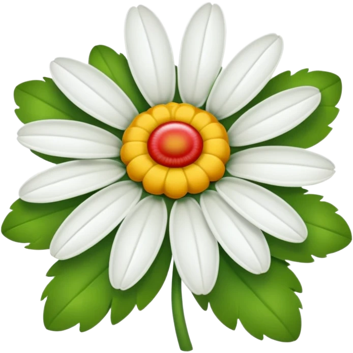 A daisy with ten petals, with green, red and white petals and a yellow centre. emoji