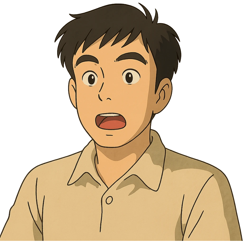 ghibli style illustration of an Asian man with a semi-open mouth emoji