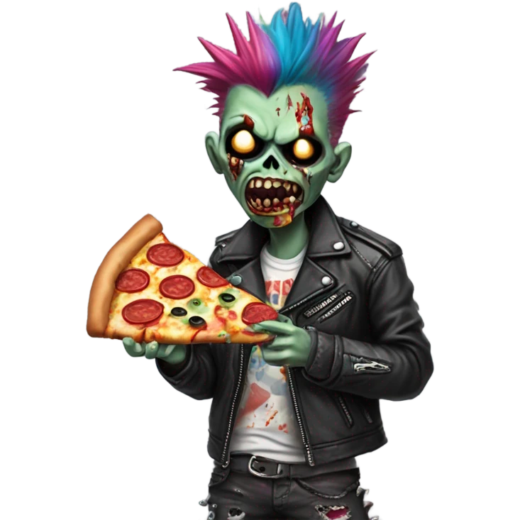 Punk rock zombie with melted face eating a slice of pizza emoji