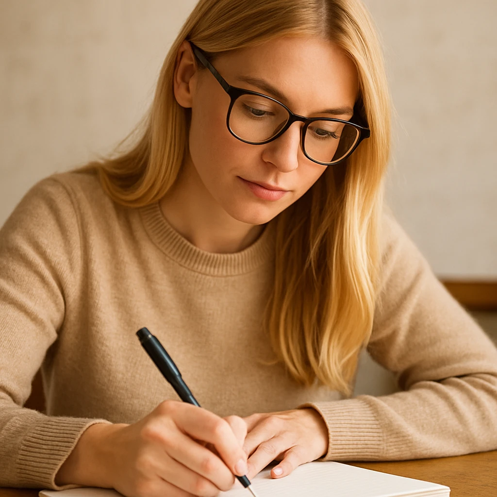 blonde woman wearing glasses, writing in a notebook emoji