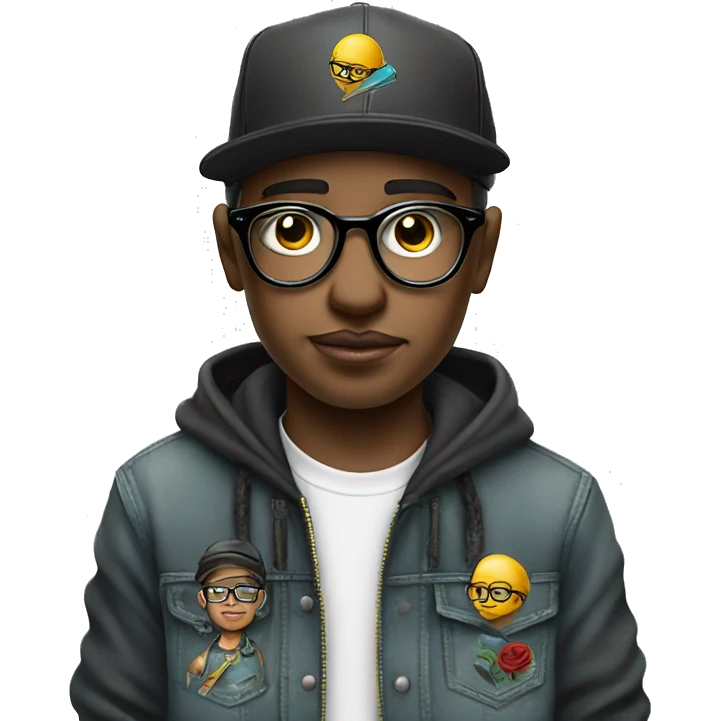 cap, closed hoodie and glasses boy holding on hand tattoo machine emoji