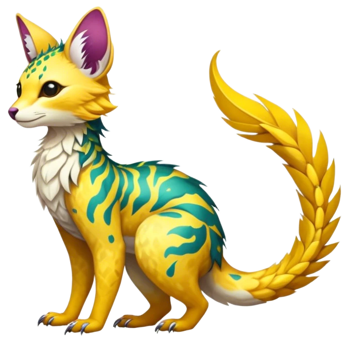 Feral Rare Fantasy vibrant colorful tropical Vernid-Trico-species by LiLaiRa, random markings, tufted tail, tufted ears, full body emoji