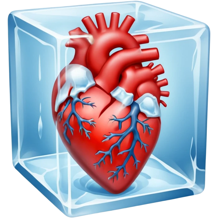 An artistic depiction of a human heart frozen in time, encased in a crystal-clear ice cube, symbolizing emotional coldness and isolation, cinematic lighting, high detail emoji