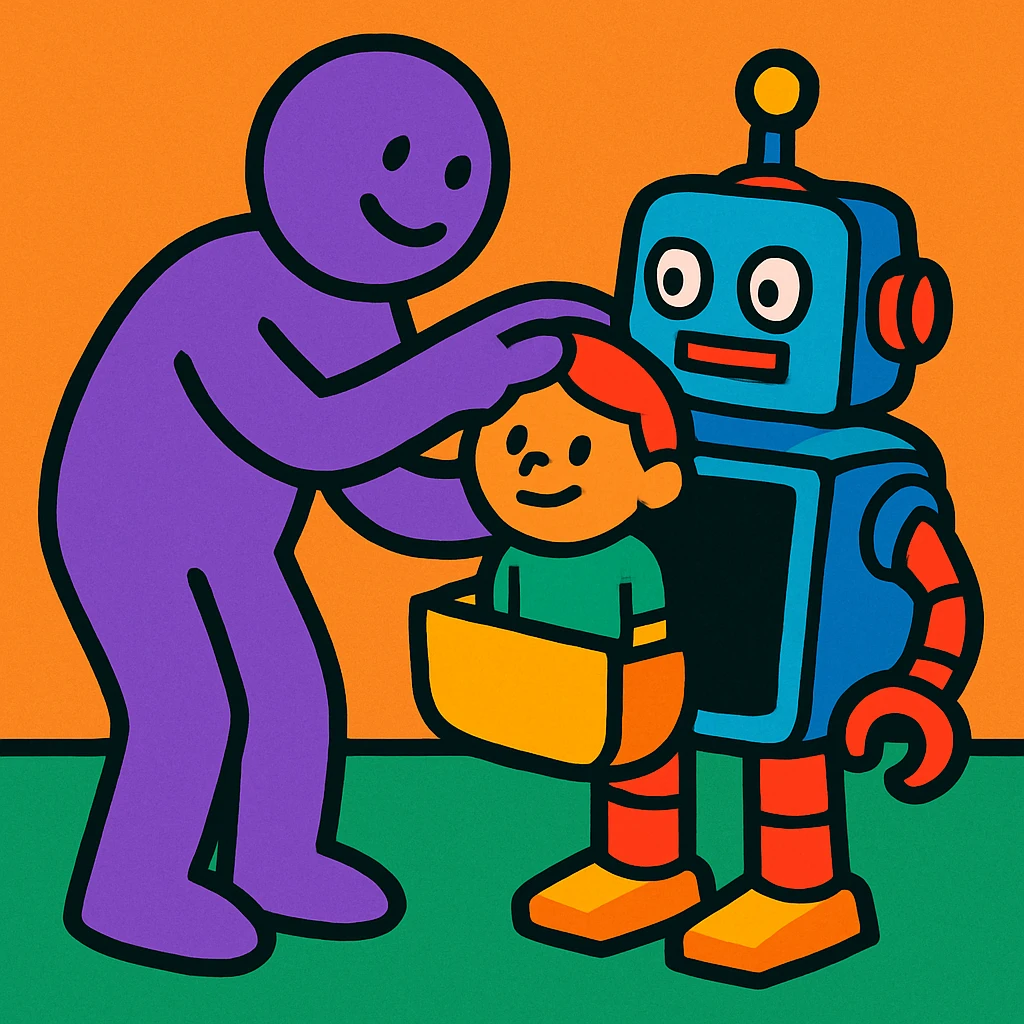 a purple figure placing a child inside a robot, playful illustration, no graphic content, clear expressions emoji
