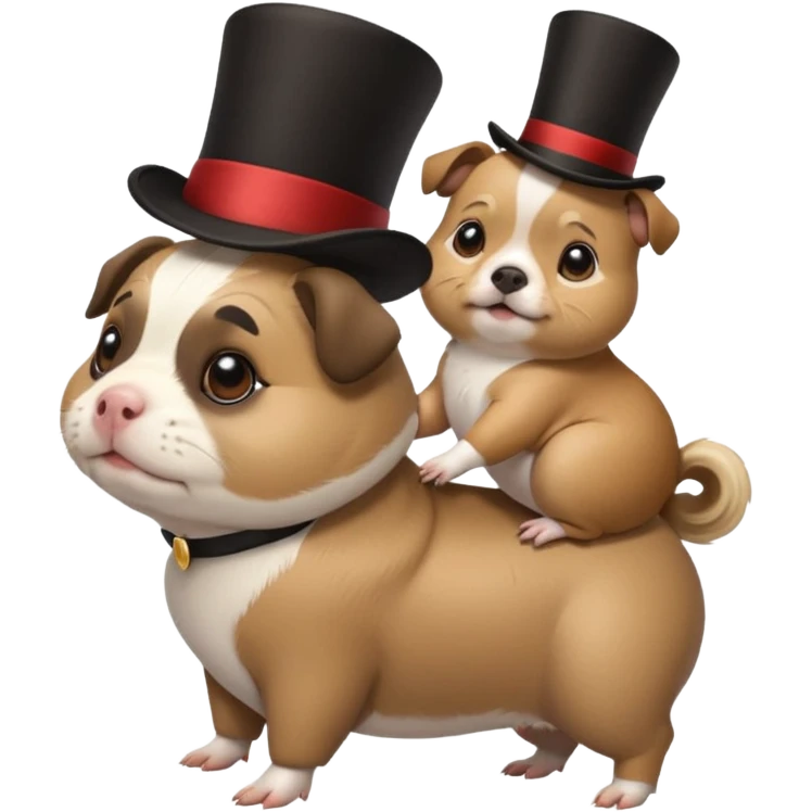 a cute guinea pig wearing a top hat riding on the back of a pug dog emoji