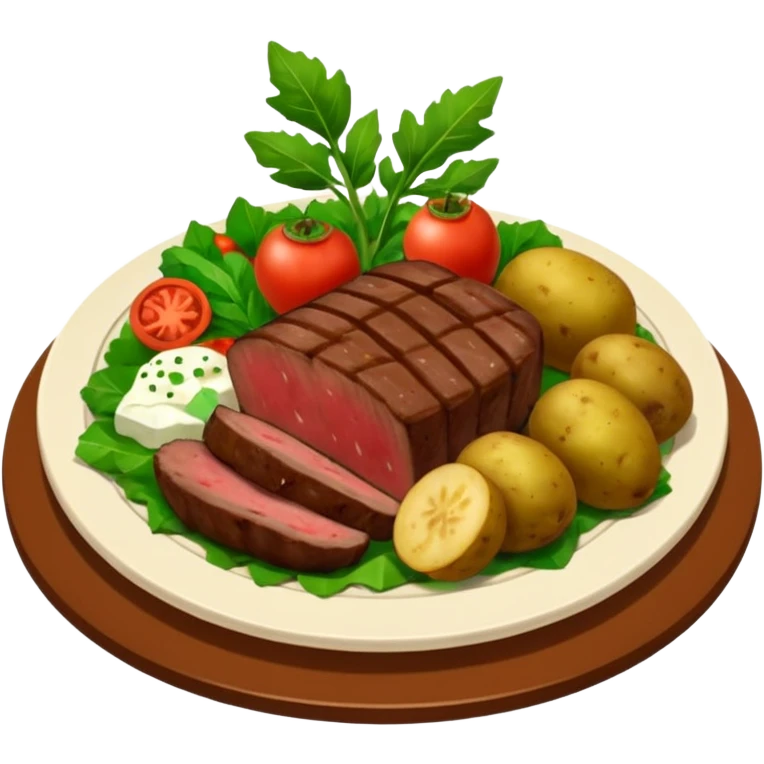 prato de jantar de buffet com pedaços de bife, batatas inglesas cortadas e vegetais verdes (como brocolis e tomates pequenos) emoji