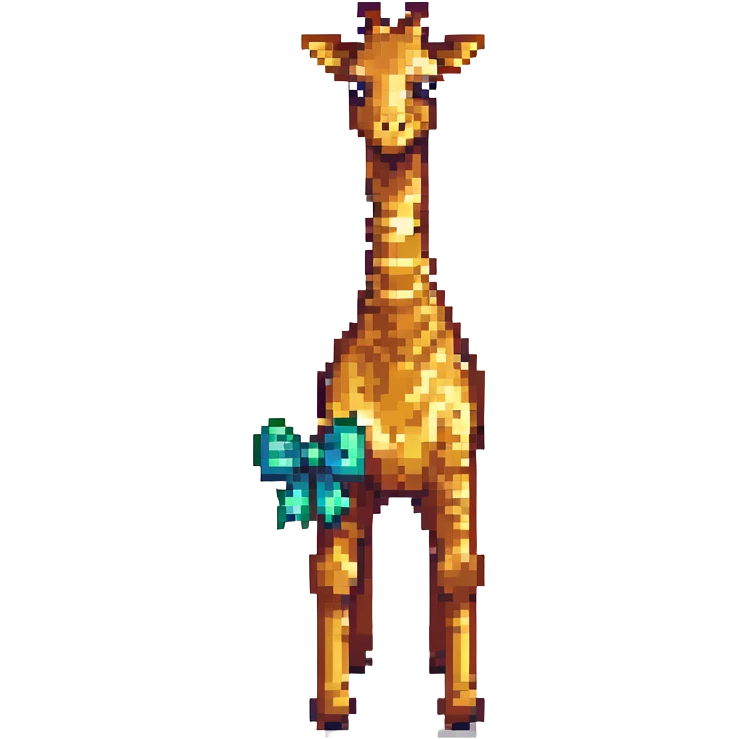 Enlarge the giraffe and the bow in the image, maintaining the same pixel art style, with no background. emoji