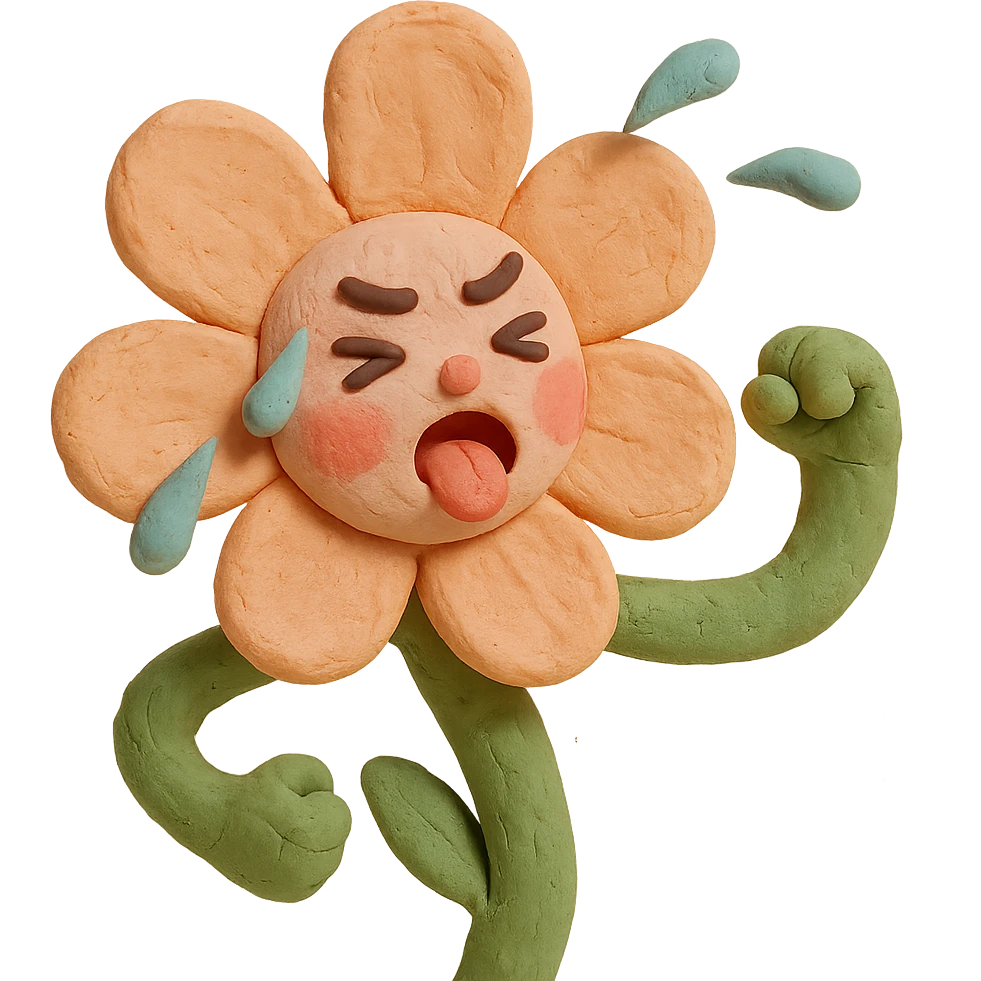 soft peach cosmos flower with a flushed, panting face doing exercise, sweat flying off in exaggerated style, gentle pastel palette, claymation style emoji