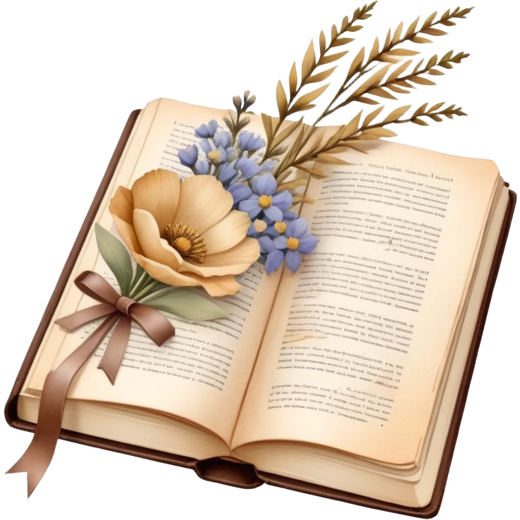 A cozy vintage book with a satin ribbon bookmark, surrounded by dried flowers, in beige, vanilla, and leather tones, watercolor style, soft edges emoji