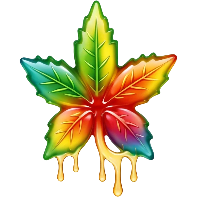 generate an emoji-style image of a juicy gummy shaped like a marijuana flower, make it colorful and with liquid dripping out emoji