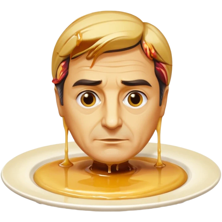 flan bust of François Fillon, face and head entirely flan with creamy yellow color, hair dripping glossy caramel, sitting on a round white plate emoji