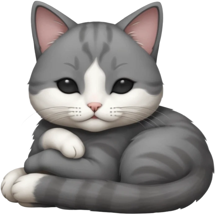 dark grey and white small cat with his eyes closed, leaning his head on his paw while leaning on his elbow lying down emoji