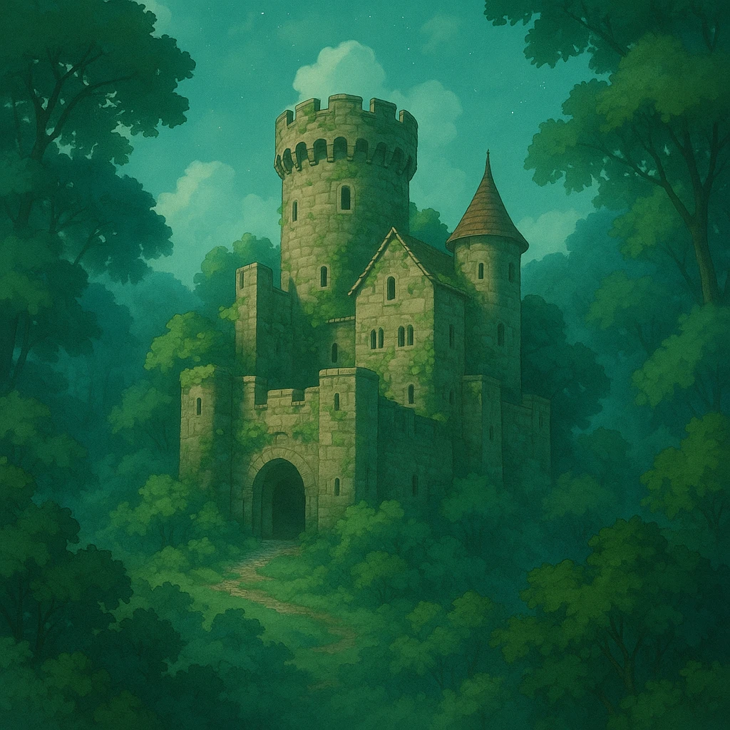 ancient stone castle surrounded by forest, magical mood, ghibli style emoji