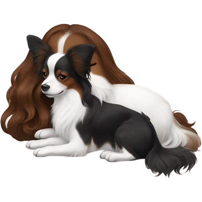 black and white papillon with a white brown hair girl sleeping  emoji