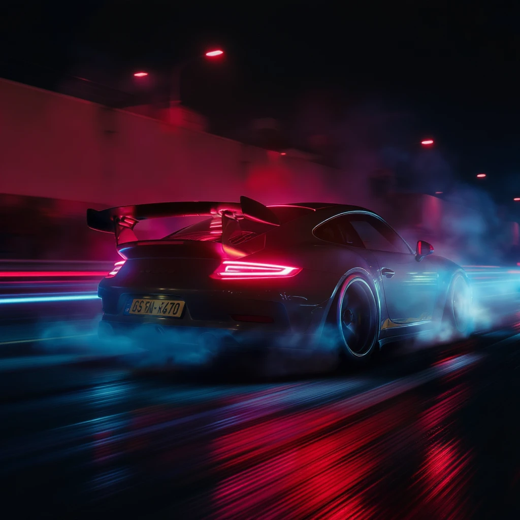 Cinematic still of a porsche 911, gt3 rs night photo, red lights and blue bright night  emoji
