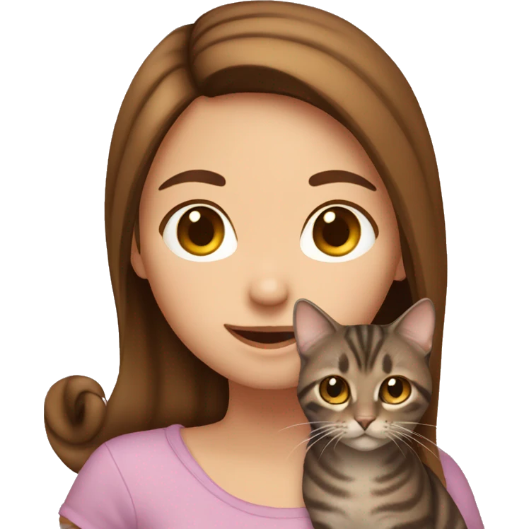 girl with brown hair holding brown tabby cat emoji