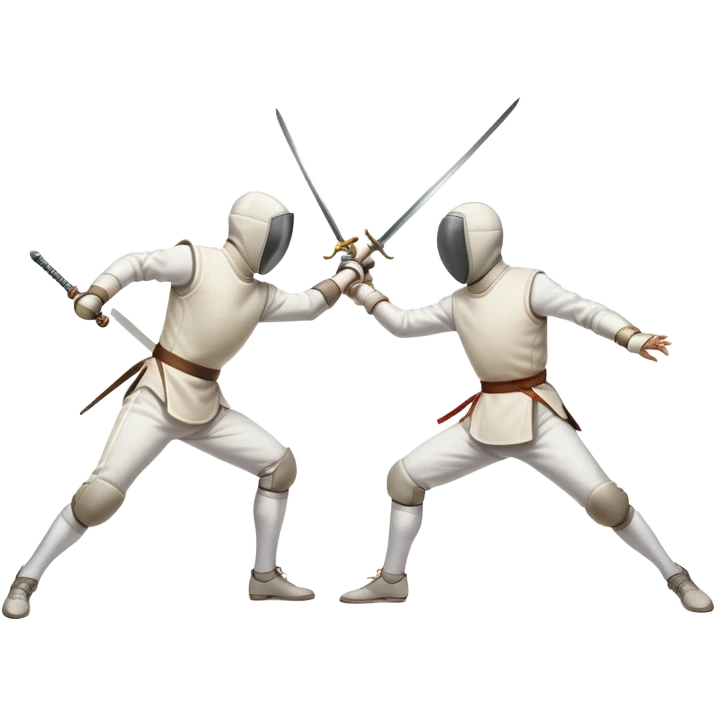 Round two fencers in dynamic poses, one attacking and the other defending with a sword. The swords cross in the center, representing skill, precision, and speed. The background includes subtle fencing gear elements, emphasizing the sport’s elegance and strategy.  emoji